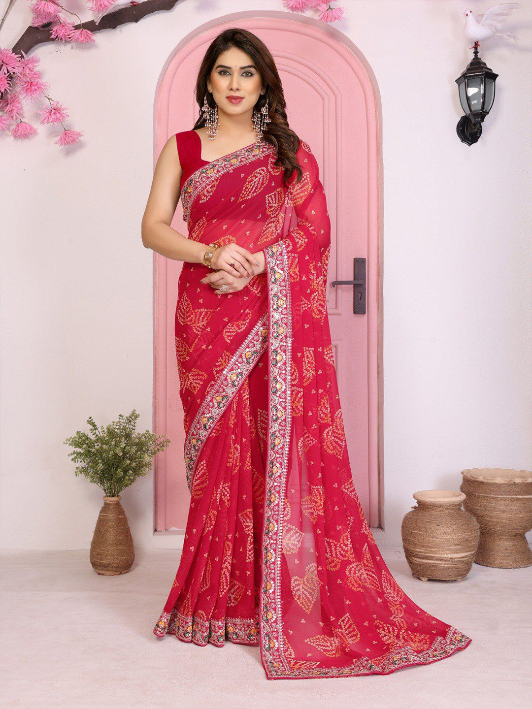 VenderVilla Bandhani Printed Georgette Saree With Embroidered Border