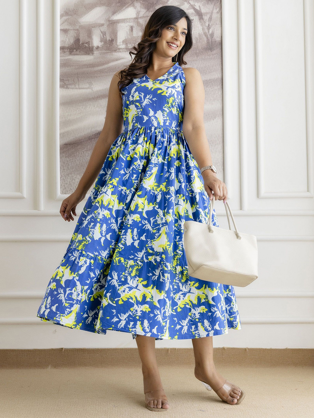 NG FASHION Women Abstract Printed Cotton Fit & Flare Midi Dress