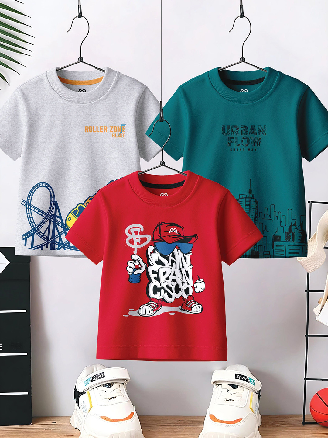 Grand Max Boys Pack of 3 Graphic Printed Round Neck Pure Cotton T-shirts