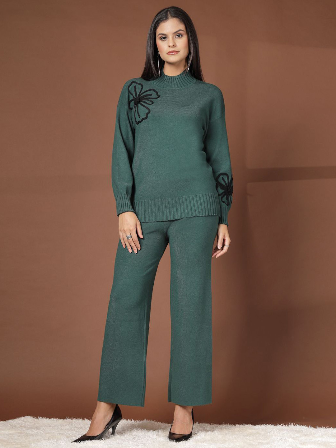 Mafadeny Women 2-Pcs Embroidered High Neck Sweater With Trousers Co-Ords