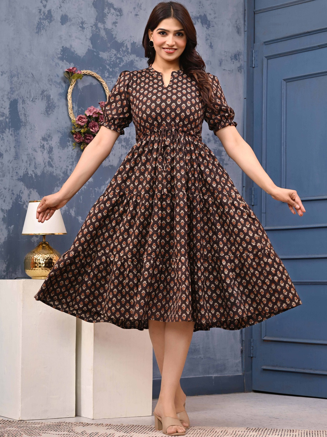 LABEL ADRIJA Women Coffee Brown Printed Organic Cotton Fit and Flare Dresses