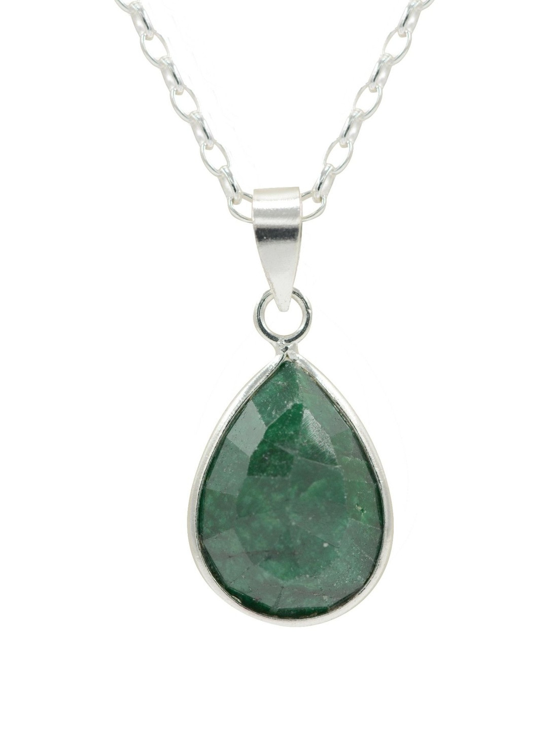 FUSIONARI Teardrop Shaped 925 Sterling Silver Emerald Pendant With Chain