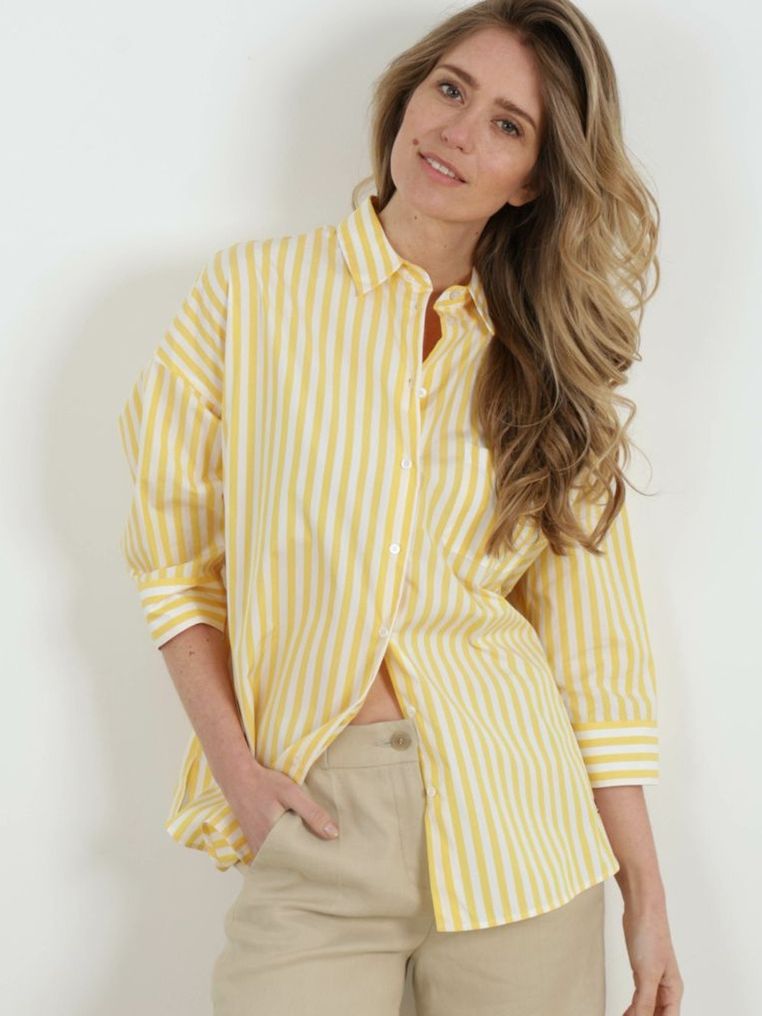 Femibazaar Women Yellow Relaxed Polycotton Striped Casual Shirt