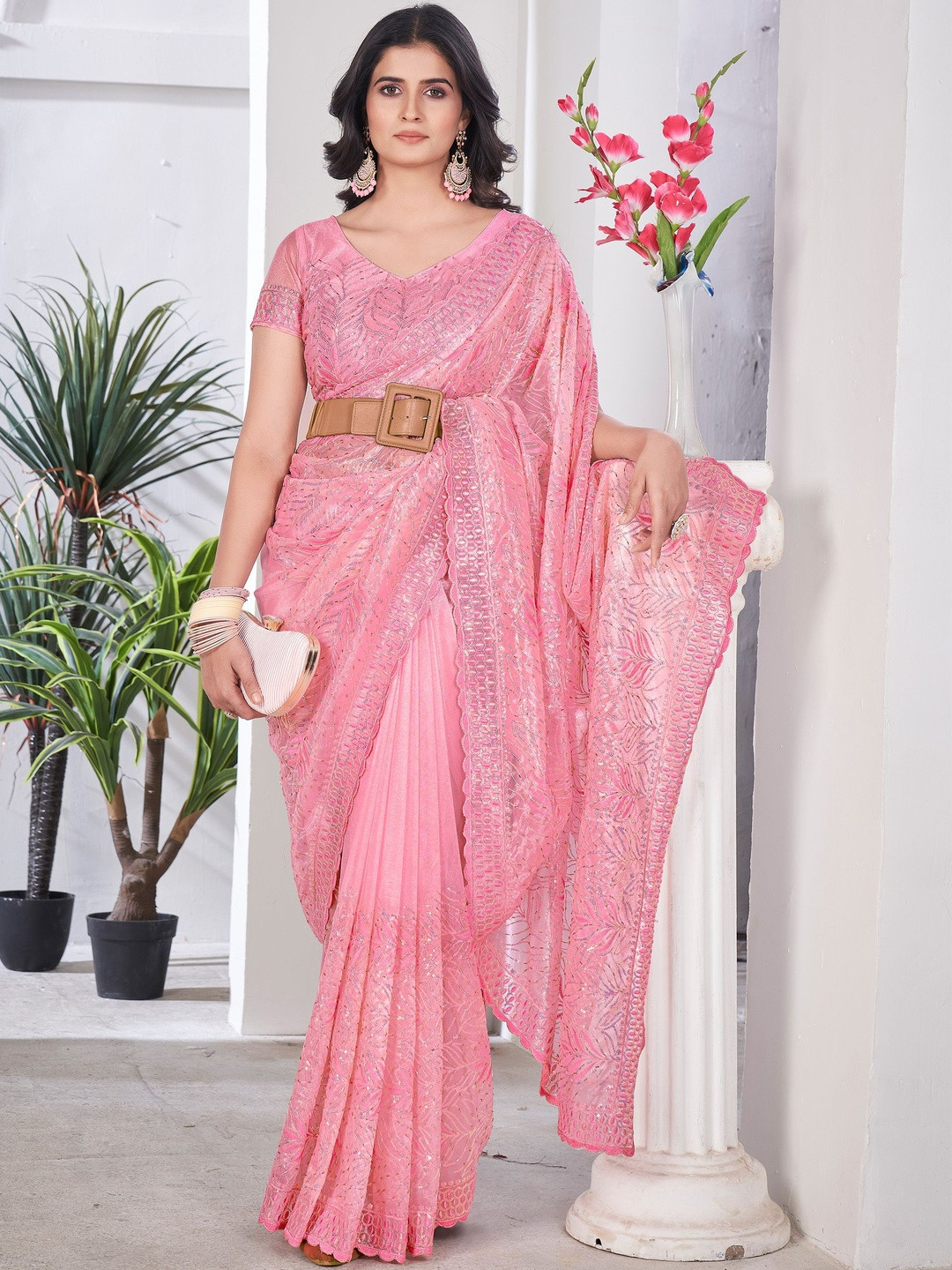 Anouk Pink Embellished Tissue  Sarees