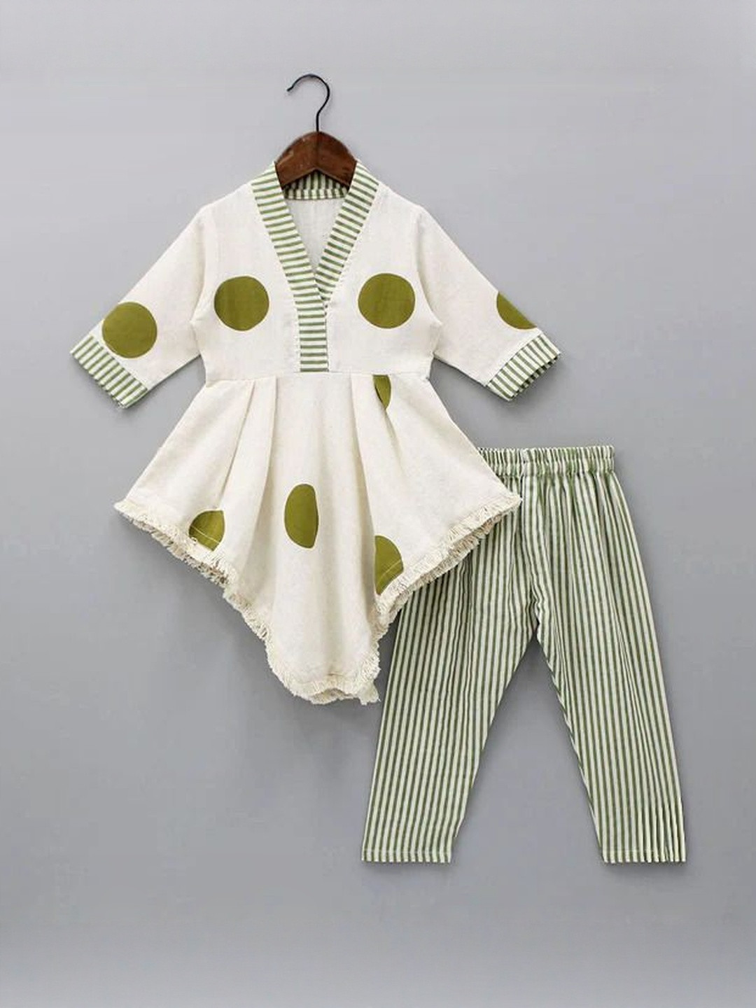 Leons Fab Girls Rayon Printed Cream and Olive Green Kurta with Bottom Sets