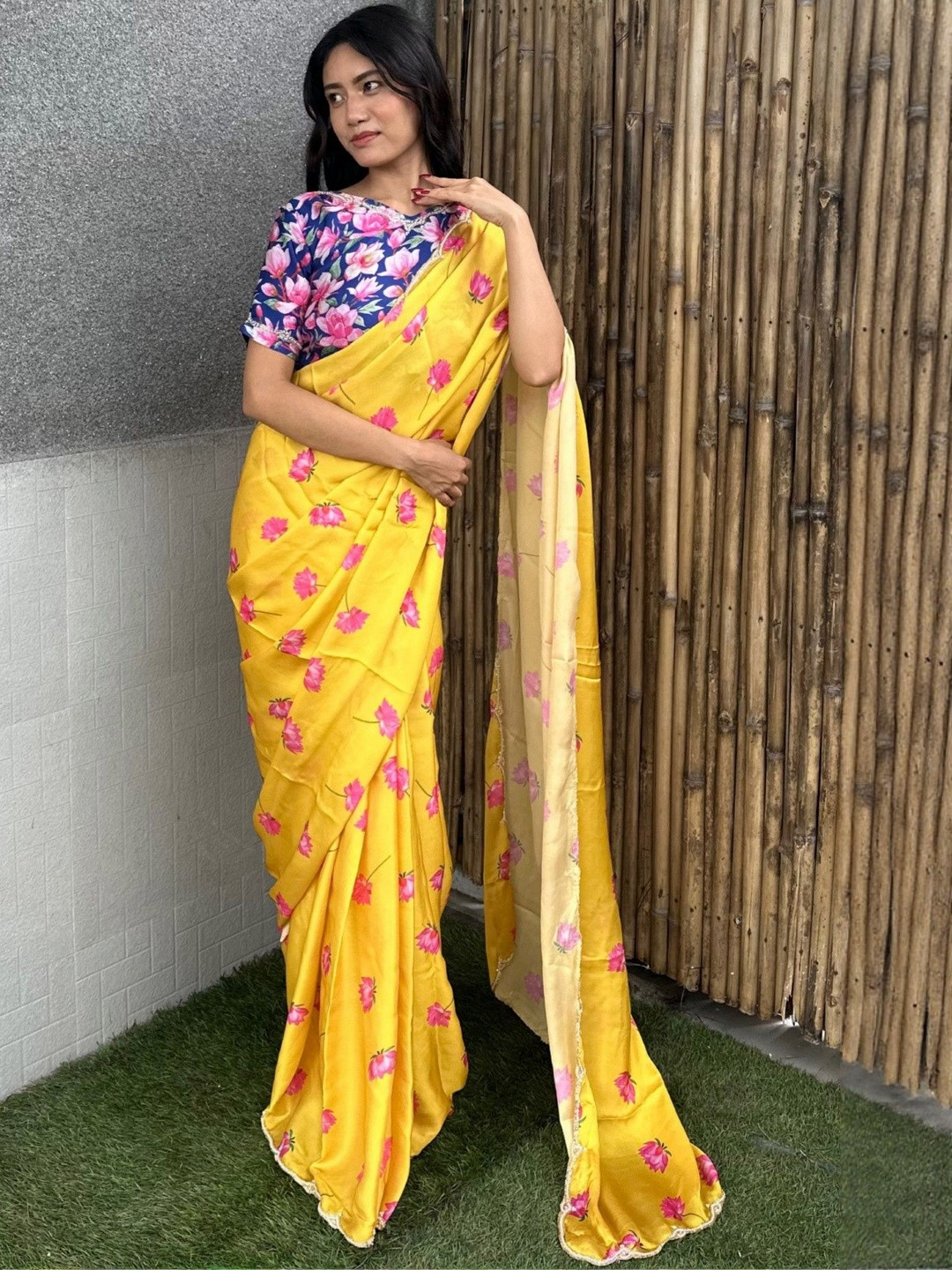 KALINI Yellow Printed Satin  Sarees