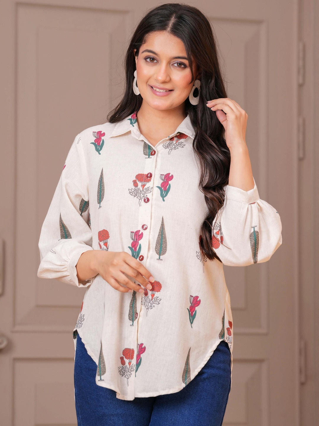 KALINI Women Cream Printed Khadi  Casual Shirts