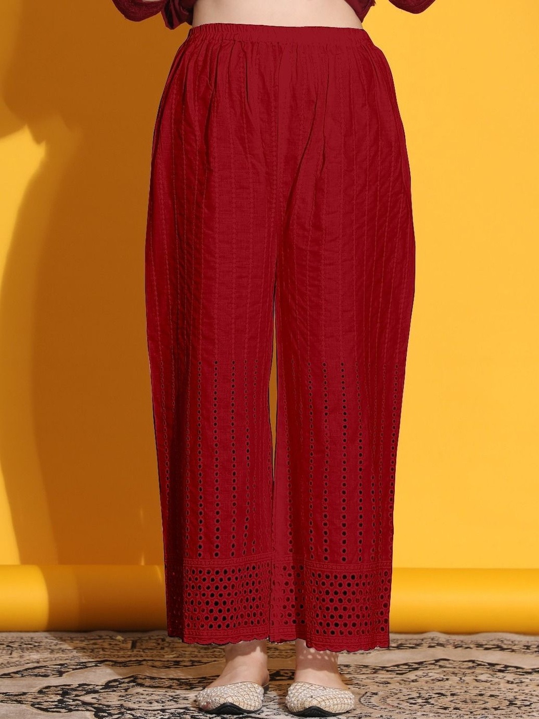 CORSICA Women Red Wide Leg Lacer Cut Cotton Palazzo