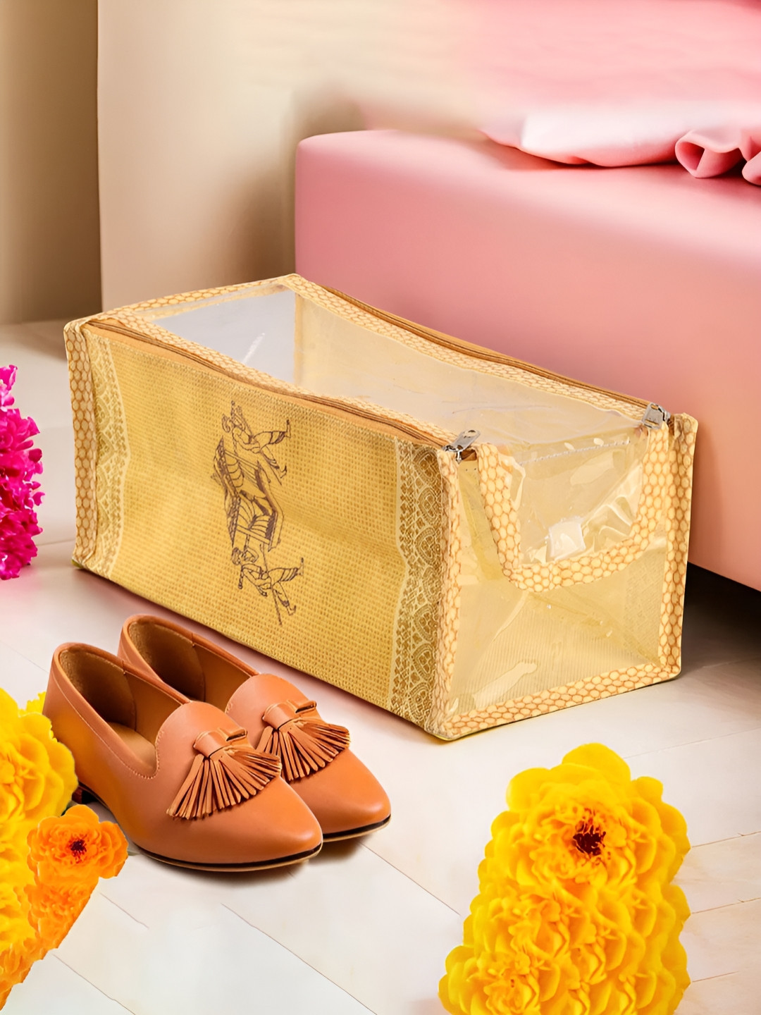 Aura Gold & Black Printed Fabric Shoes Organiser