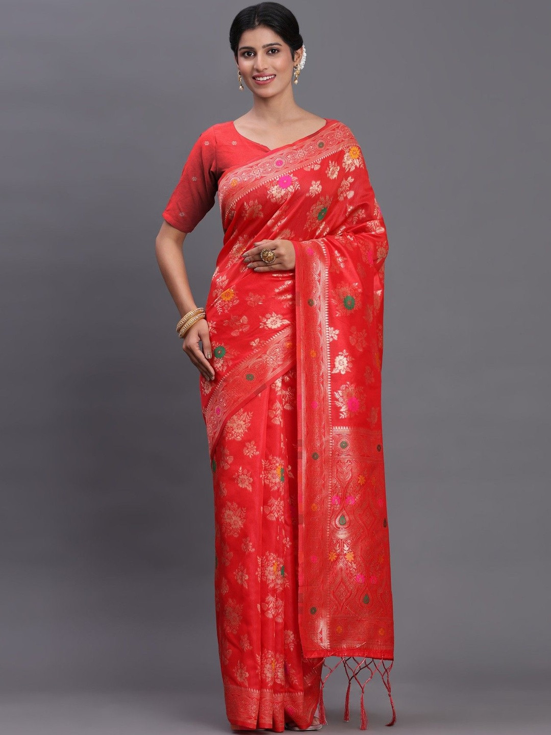 KALINI Rust Woven Design Silk Blend Banarasi Sarees