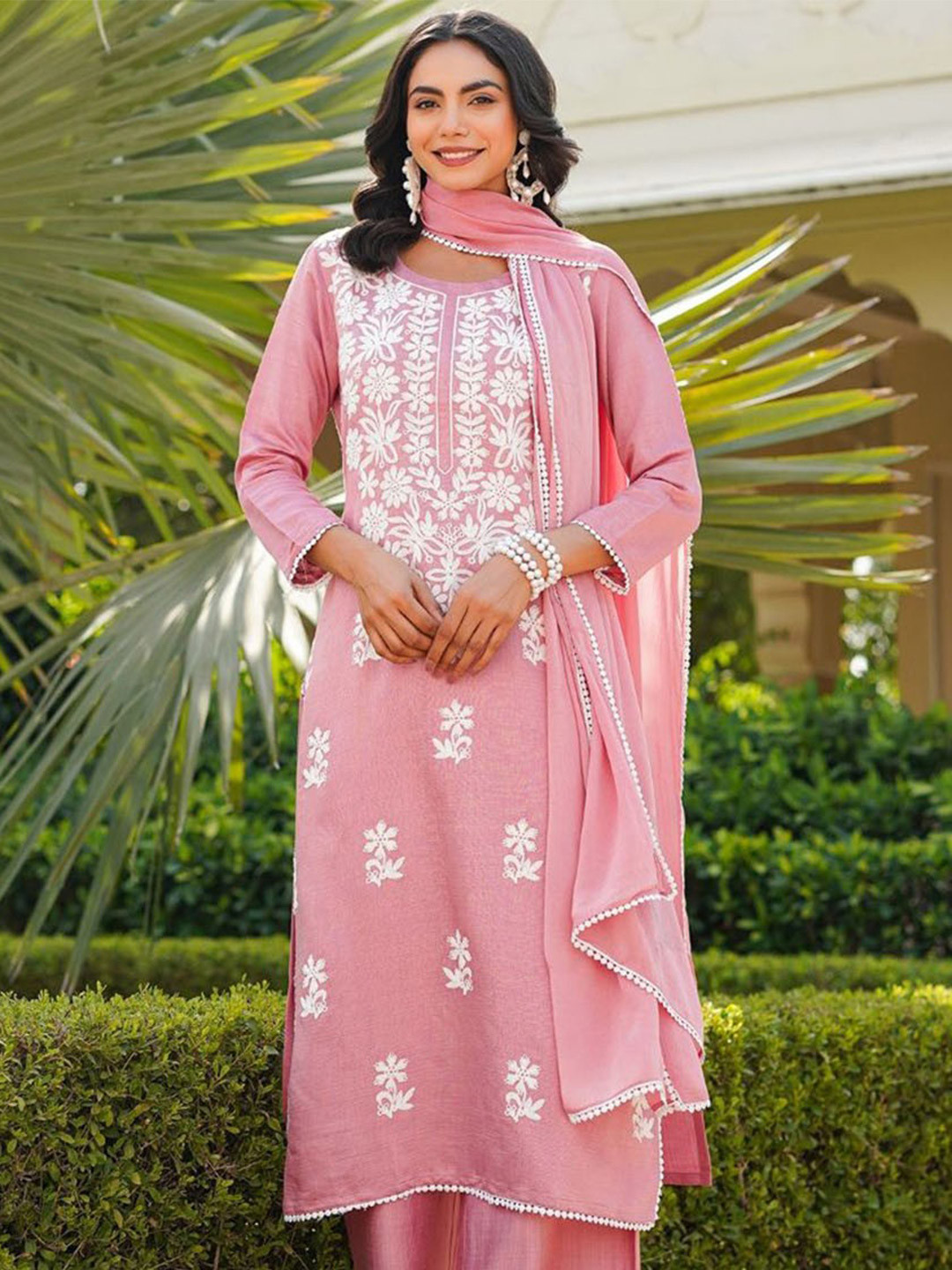 AHIKA Floral Embroidered Thread WorkRound Neck Kurta With Palazzos & Dupatta
