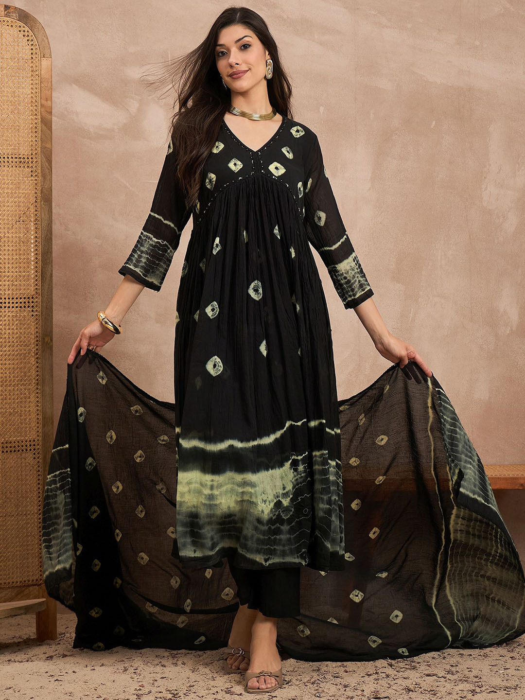 CHETI Women Bandhani Printed Pleated Beads and Stones Kurta with Trousers & Dupatta