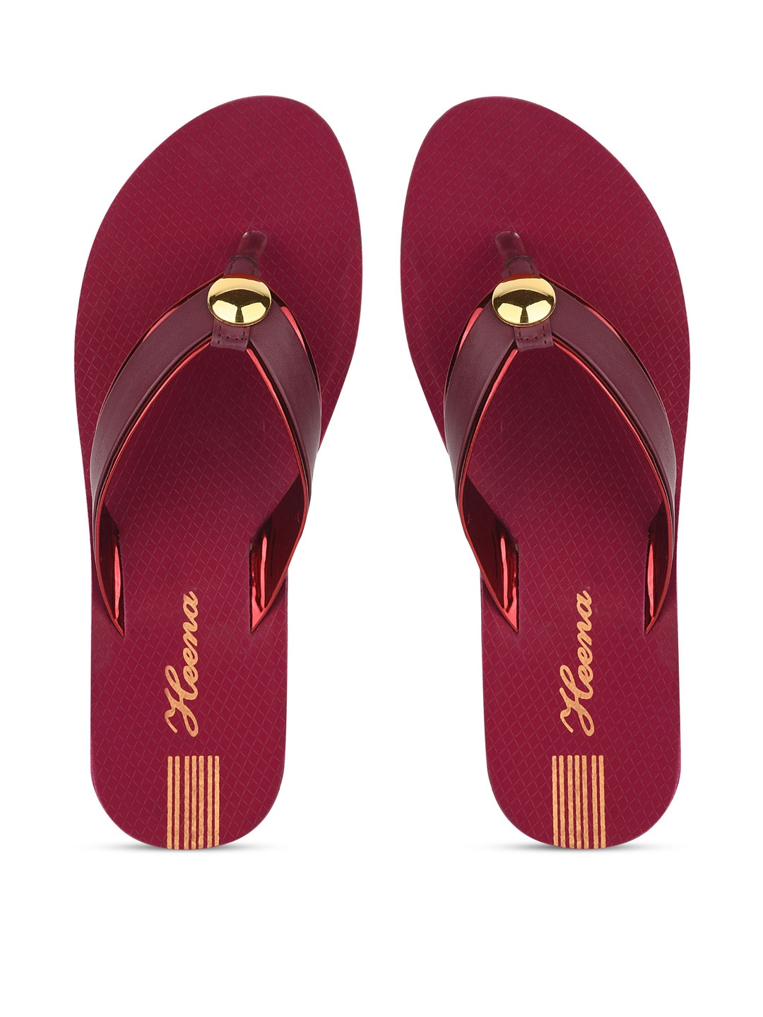 Heenaplus Women Maroon Gold Toned Metallic Embellished Flip-Flops