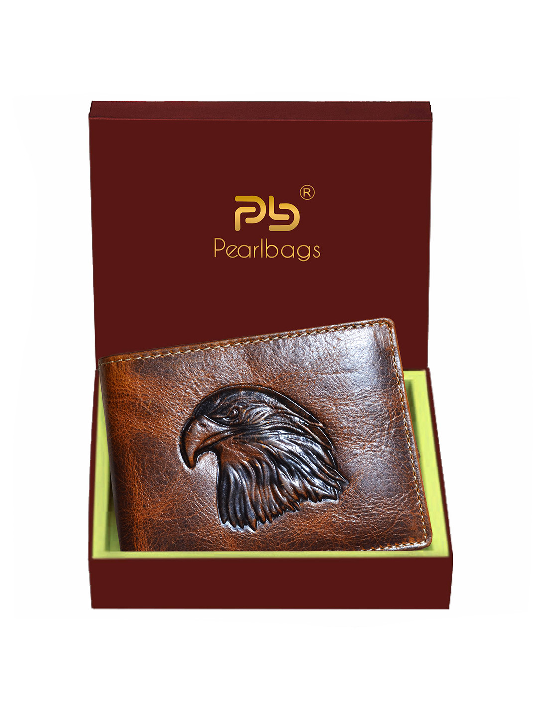 PB Pearlbags Men Genuine Leather Bi- Fold 6 Card Slots Eagle Engraved Wallet