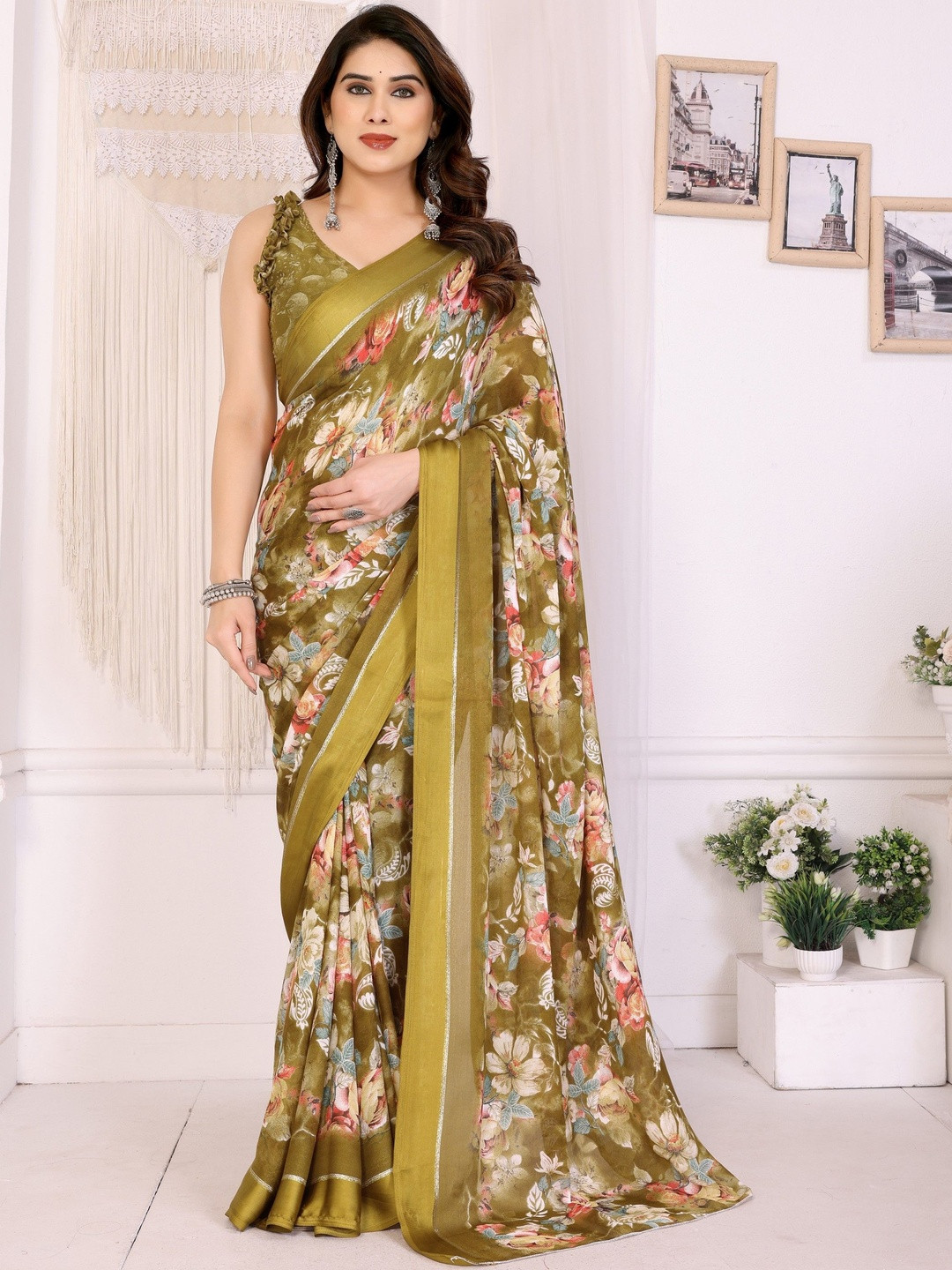 KALINI Olive Printed Poly Georgette  Sarees