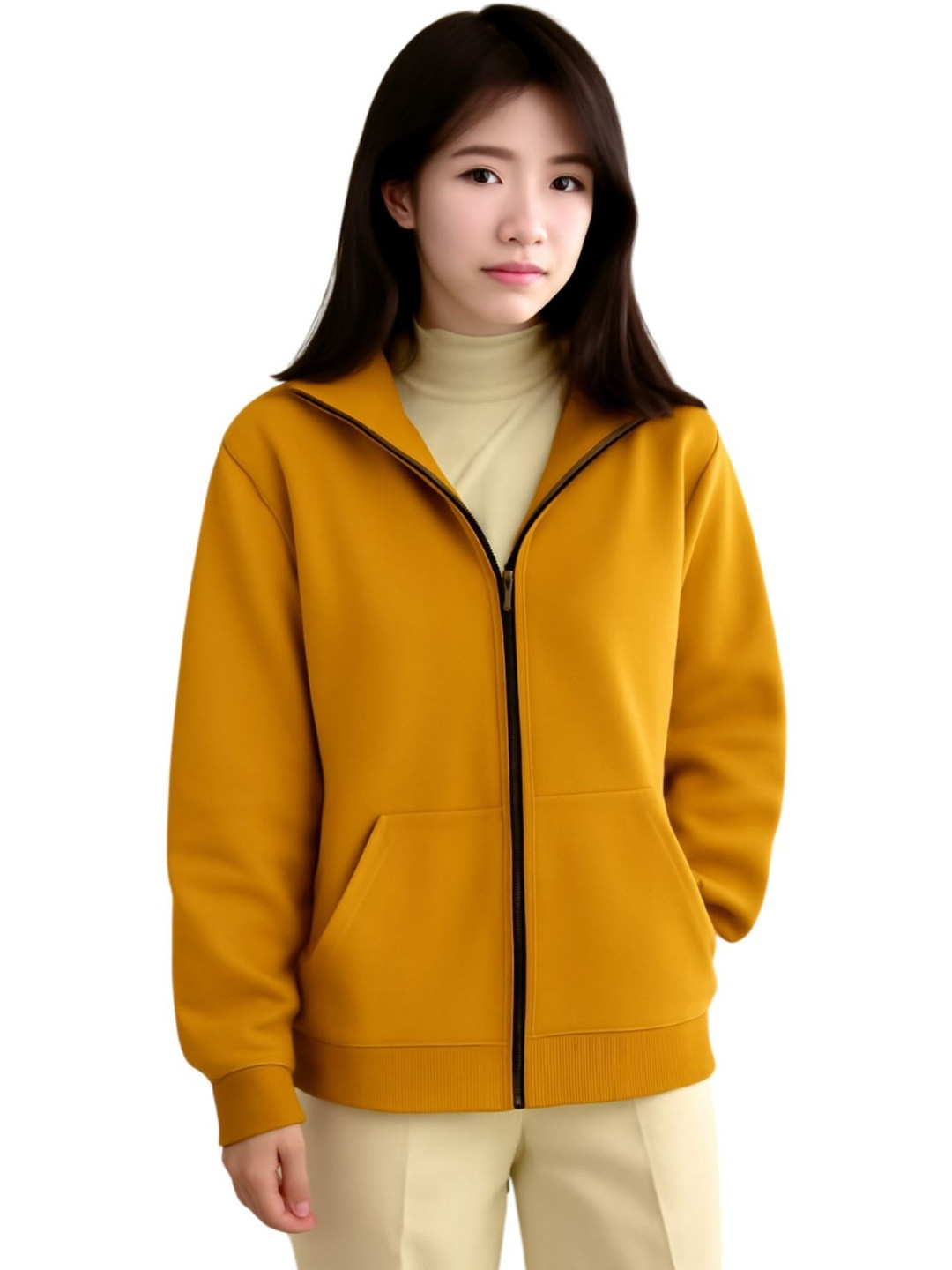 Moda Rapido Women Mustard Hooded Long Sleeves Fleece Open front Jacket