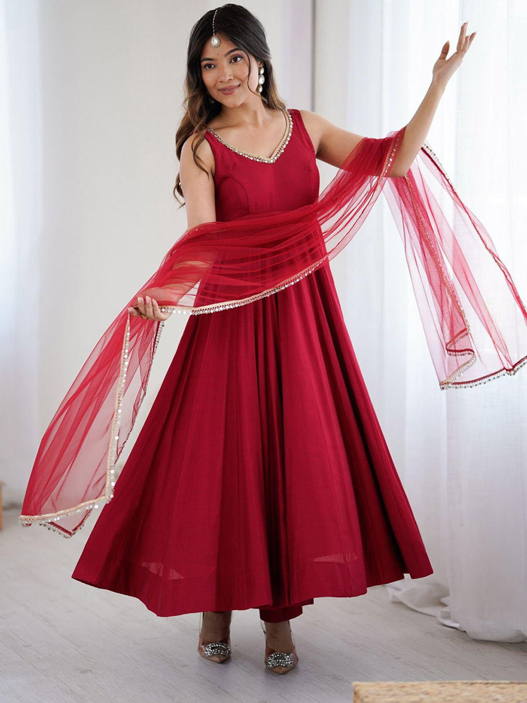 Fusionic Chanderi Silk Anarkali Kurta With Trousers & Dupatta