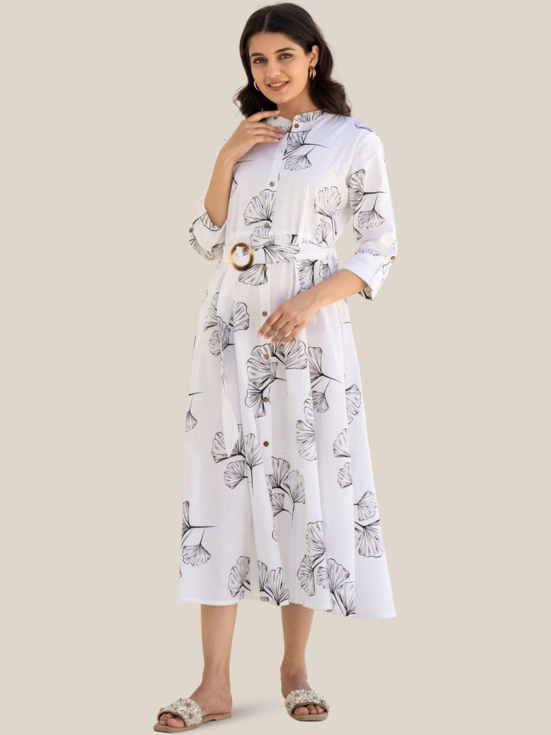 KALINI Women White Printed Viscose Rayon Fit and Flare Dresses