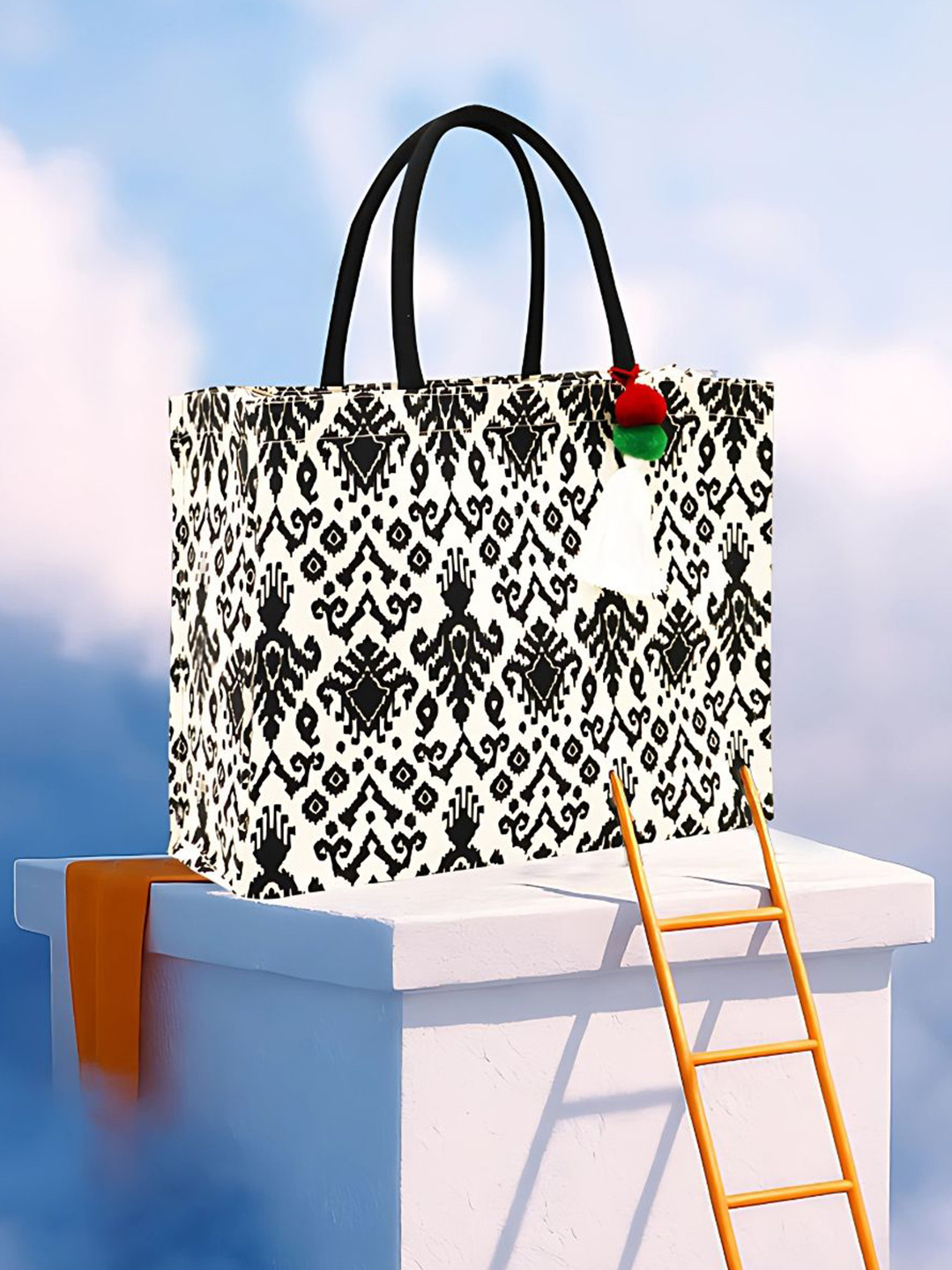 earthbags Women Geometric Printed Shopper Tasselled Tote Bag