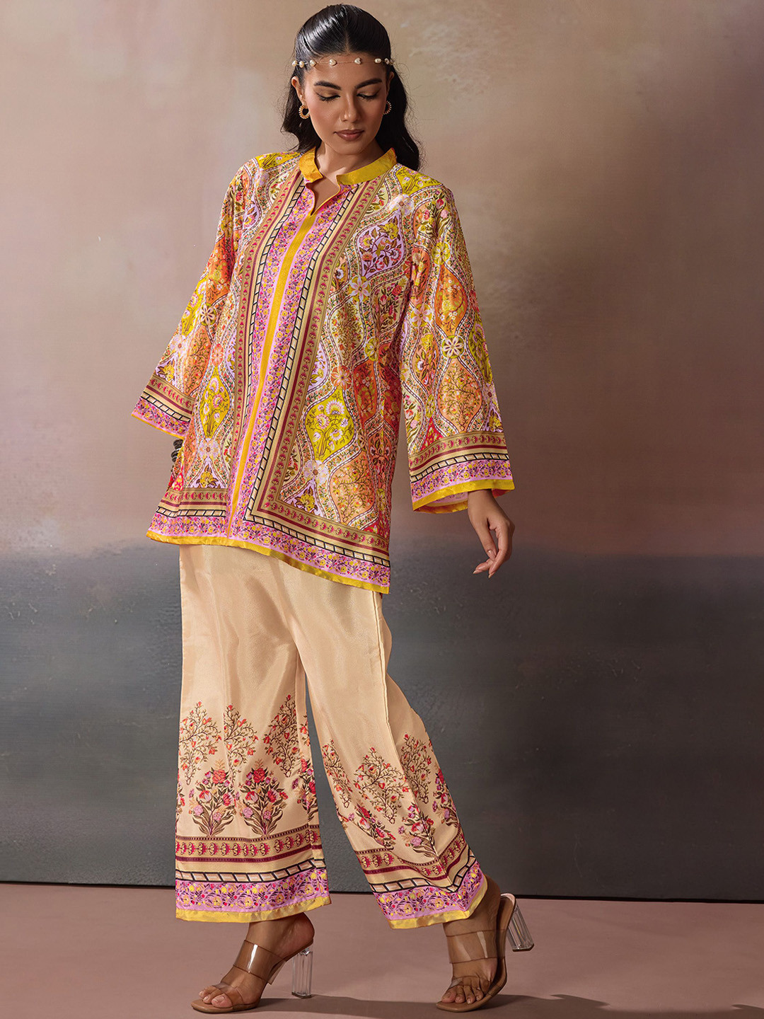 LABEL AARNA Golden Heritage Women Silk Crepe With Digital Print Co-ord Set