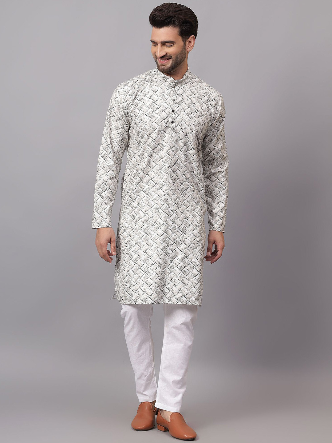 RARE CAMEL Geometric Printed Mandarin Collar Straight Kurta With Pyjamas