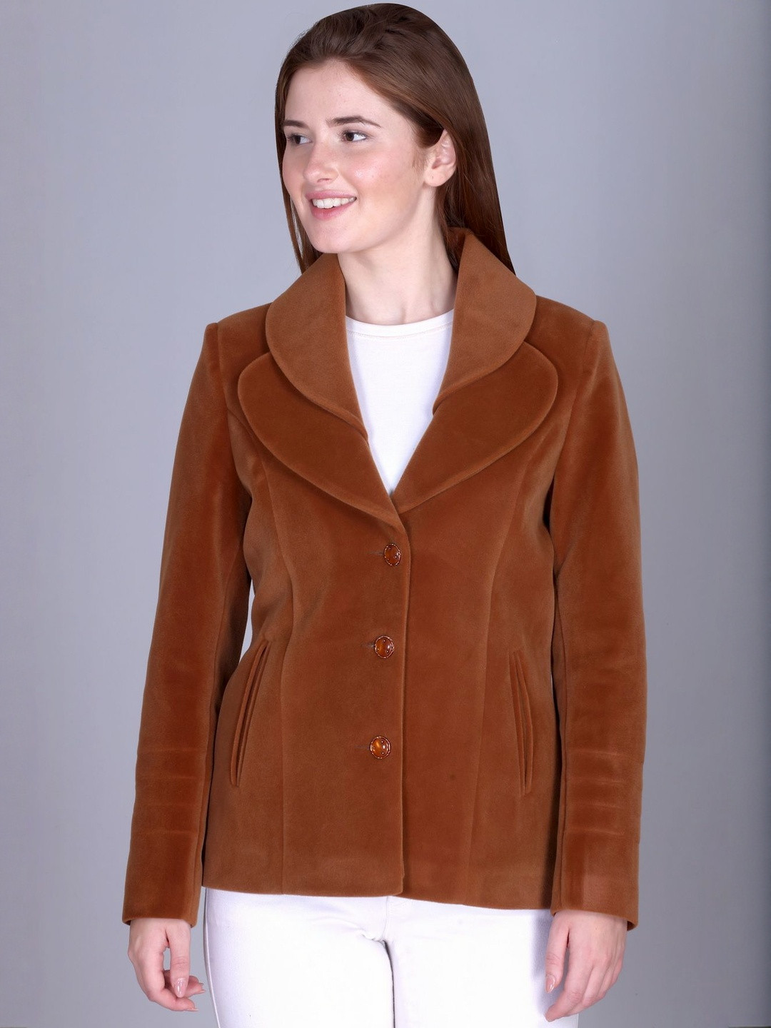 Roadster Women Brown Short Blazer With Curved Lapel Collar & Button Closure