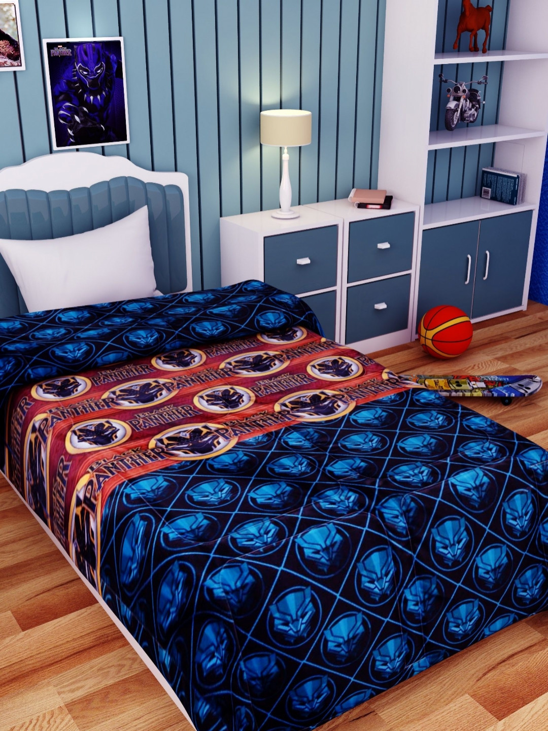 Athom Living Blue And Red Marvels Black Panther Printed AC Room 300 GSM Double Bed Blanket