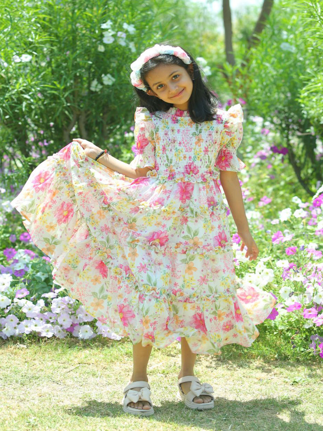 LH LUXURY FASHION Girls Floral Printed Georgette Blouson Dress