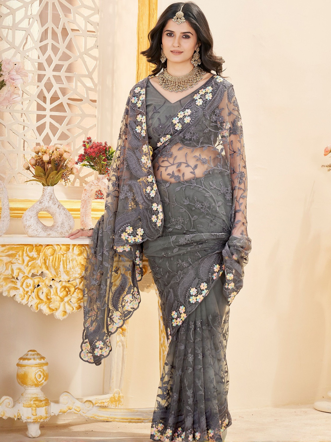 Anouk Grey Embroidered Net  Sarees