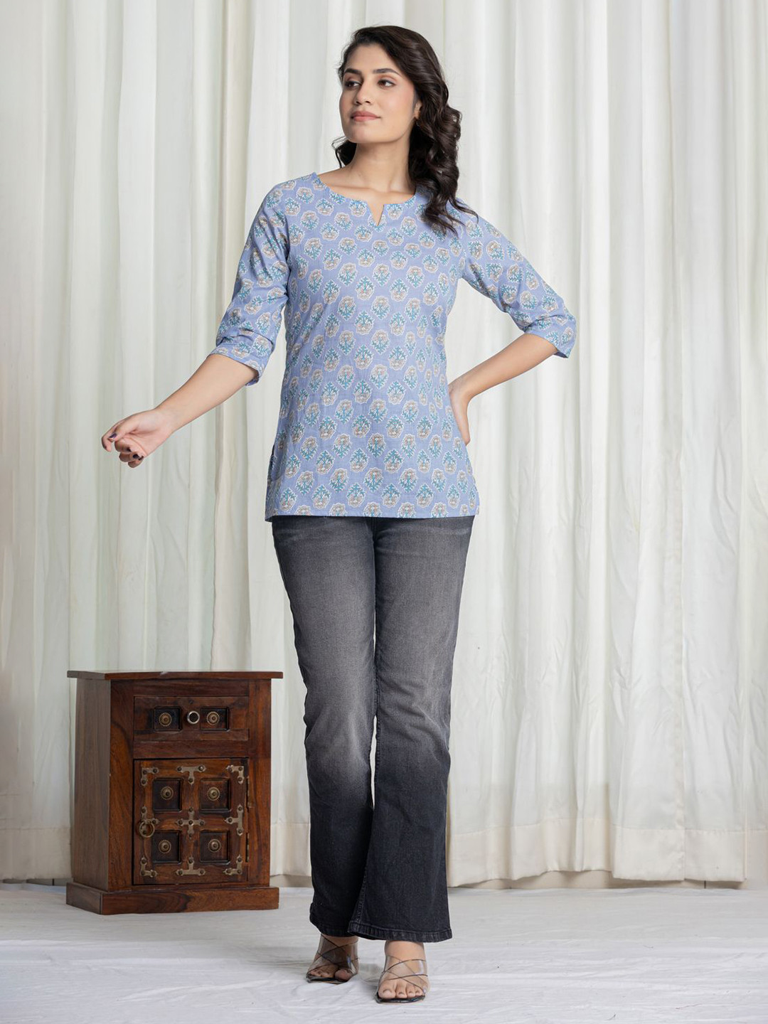 Krati Creations Women Floral Printed V-Neck Cotton A-Line Longline Top
