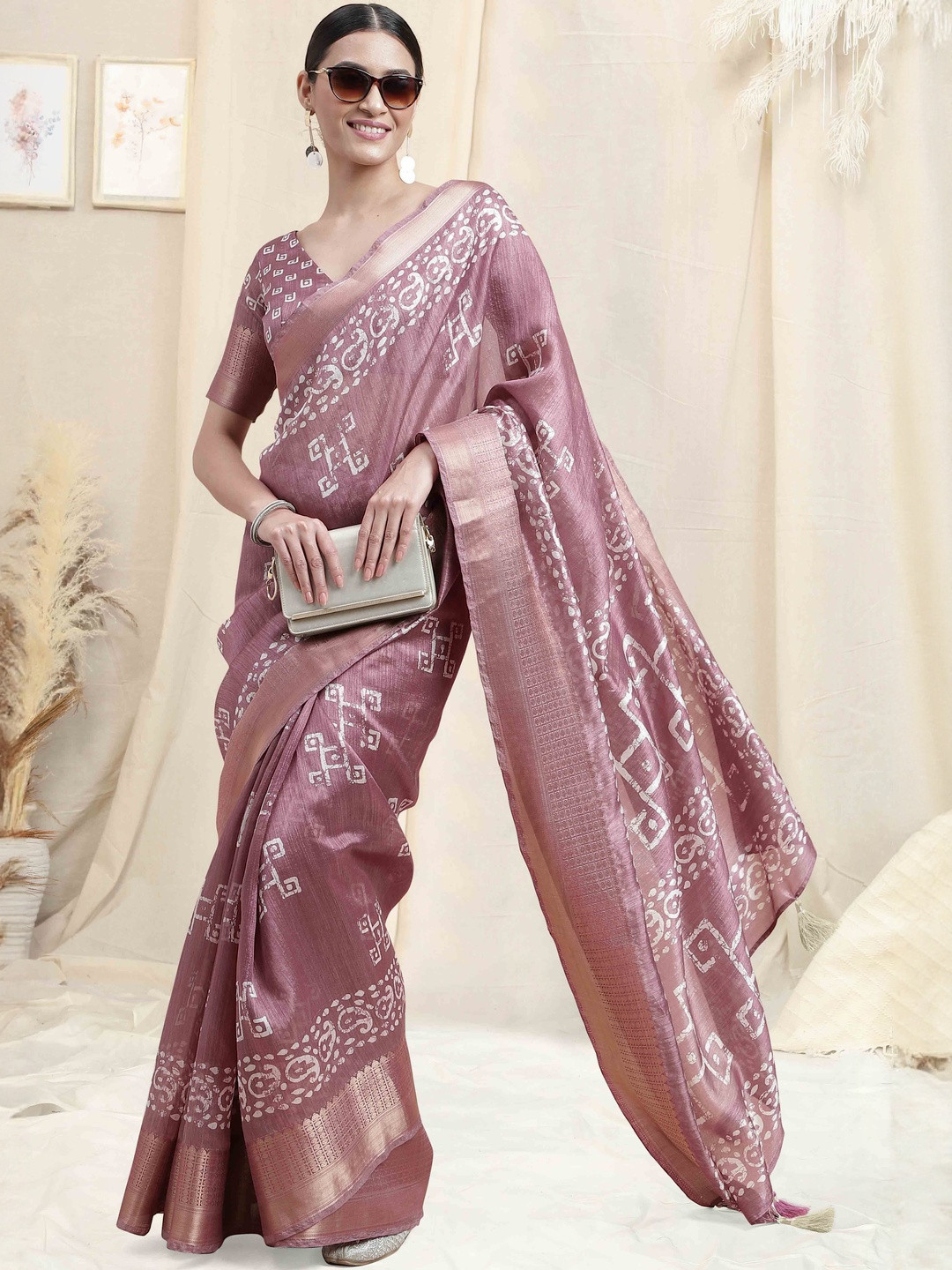 KALINI Pink Printed Silk Cotton Block Print Sarees