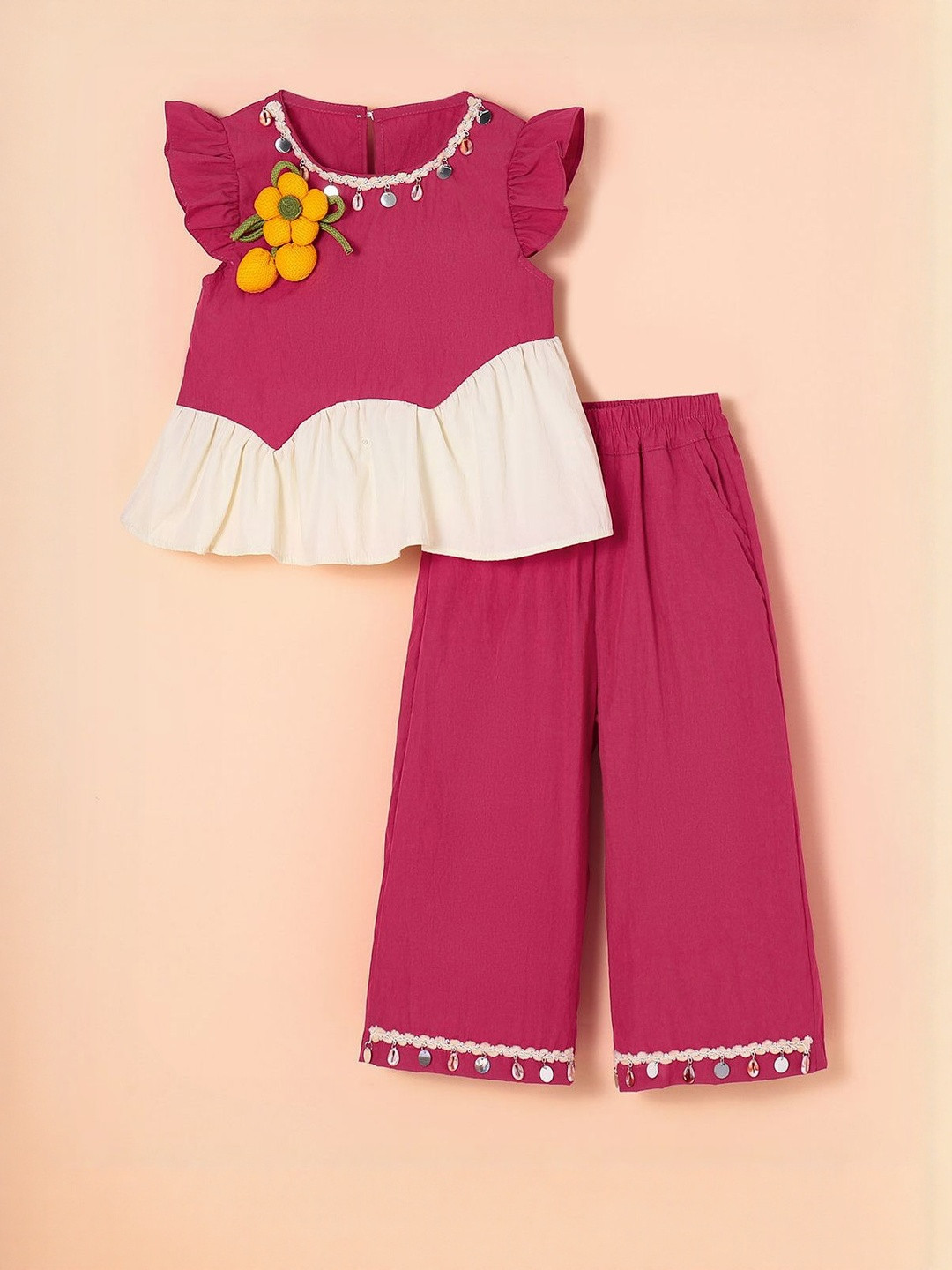 Hopscotch Girls Fuchsia 2 Piece Top & Pants with Mirror Work