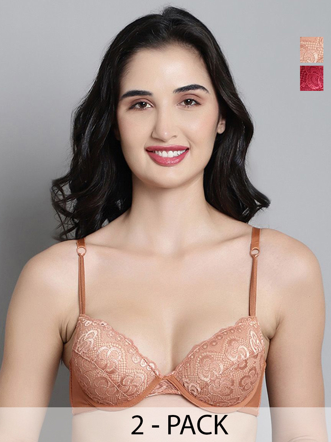 MAKCLAN Pack Of 2 Self Design Medium Coverage Underwired Lightly Padded Plunge Bras