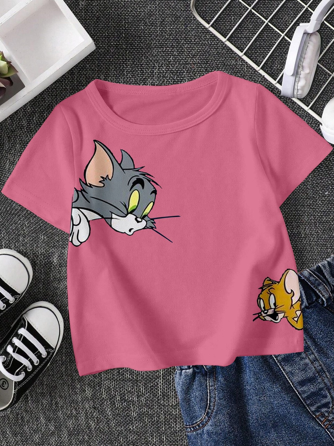 FIONAA TRENDZ Kids Unisex Pink Pure Cotton Tom & Jerry Printed T-shirt