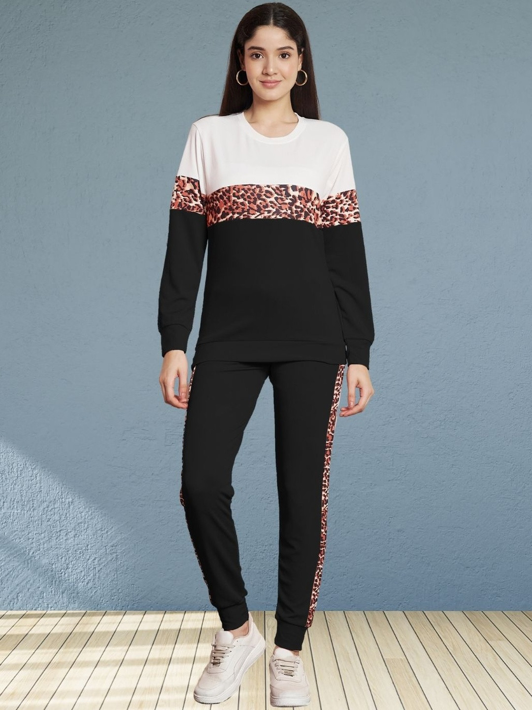 Moda Rapido Black Cotton Lycra Blend Animal Print Taped Tracksuit