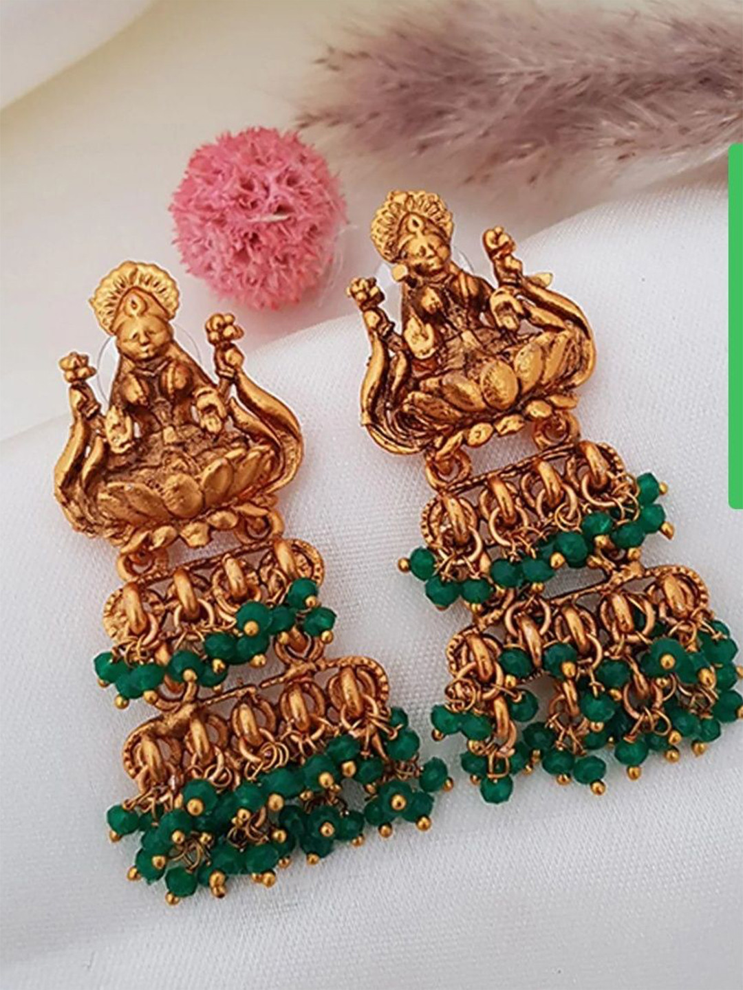 StileAdda Gold Plated Artificial Beaded Goddess Temple Contemporary Shaped Drop Earrings