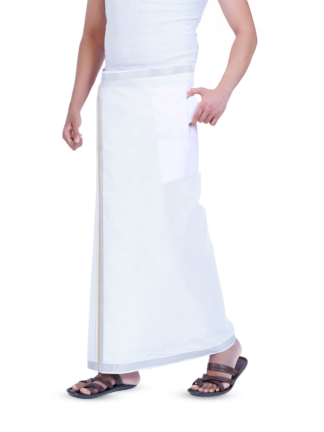 PRAKASAM COTTON Men Stitched White Dhoti With Jari Border