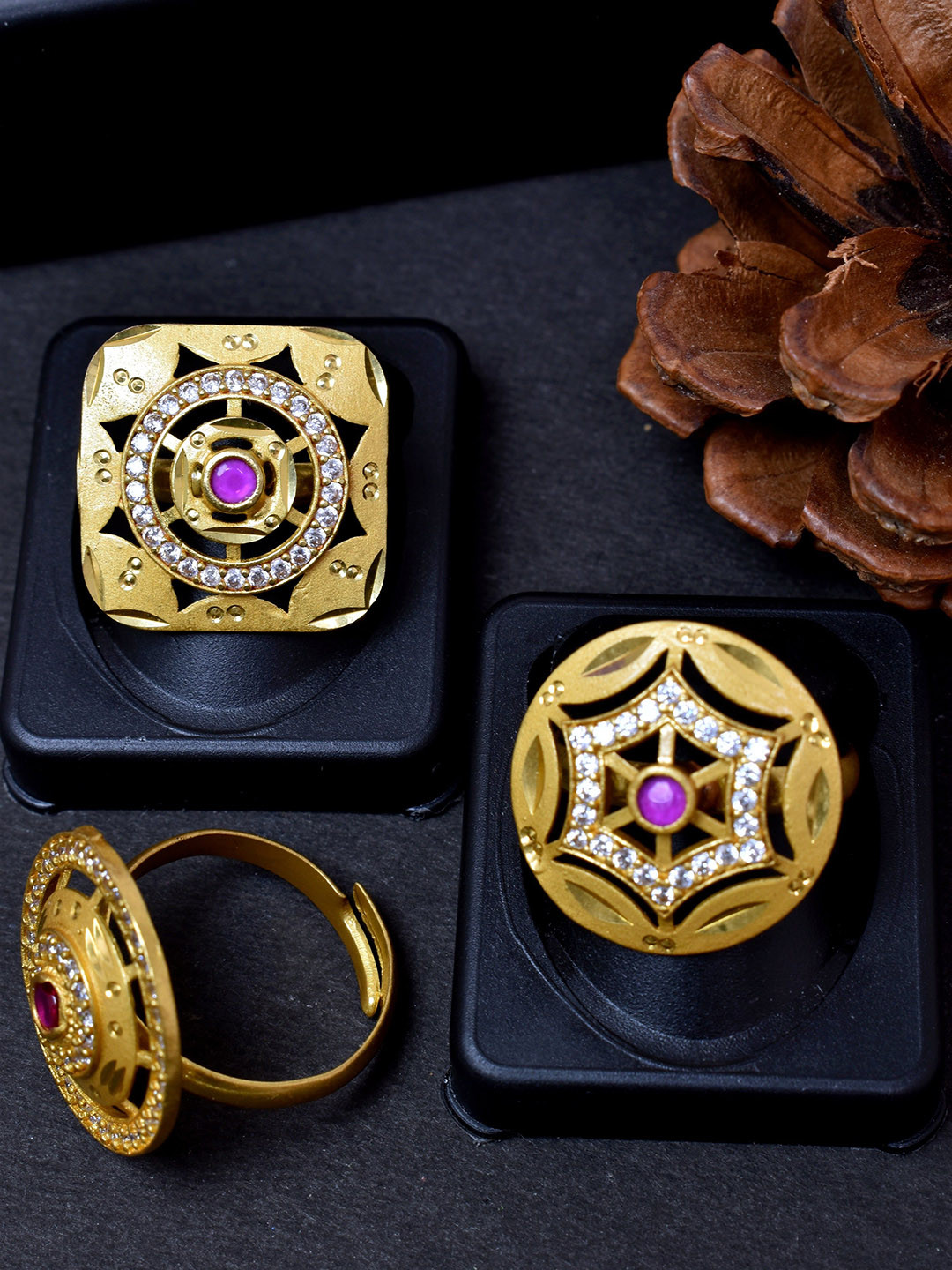 MEIRA JEWELLERY Set Of 2 Gold-Plated CZ & American Diamond-Studded Adjustable Finger Rings