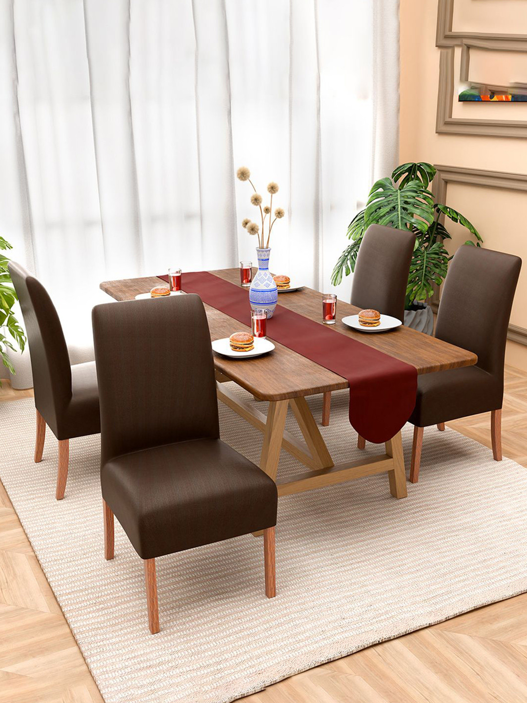 Kuber Industries Set of 4 Brown Polyester Stretchable Chair Cover for Dining Table Plain