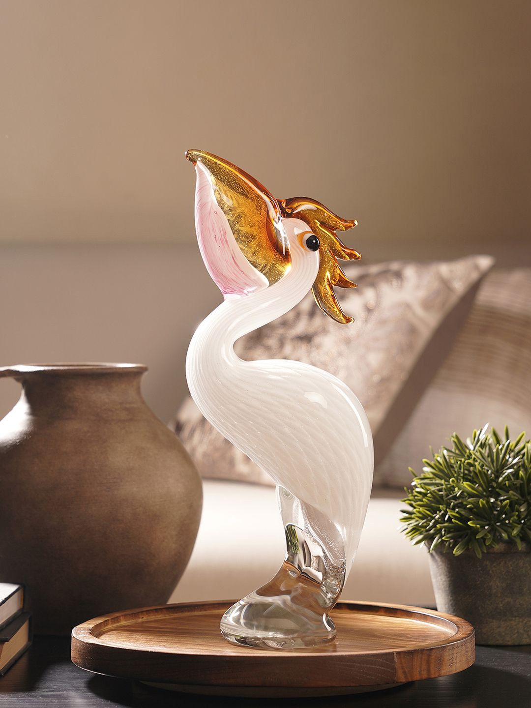 Pure Home and Living Brown & Transparent Amber Glass Pelican Bird Figurine Showpiece