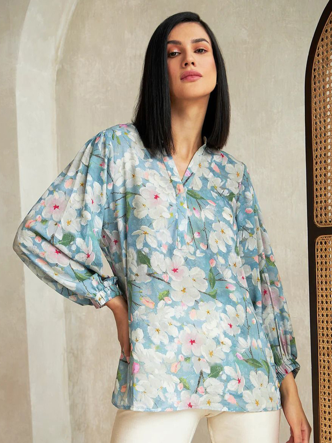 M&H Easy Floral Printed Mandarin Collar Top