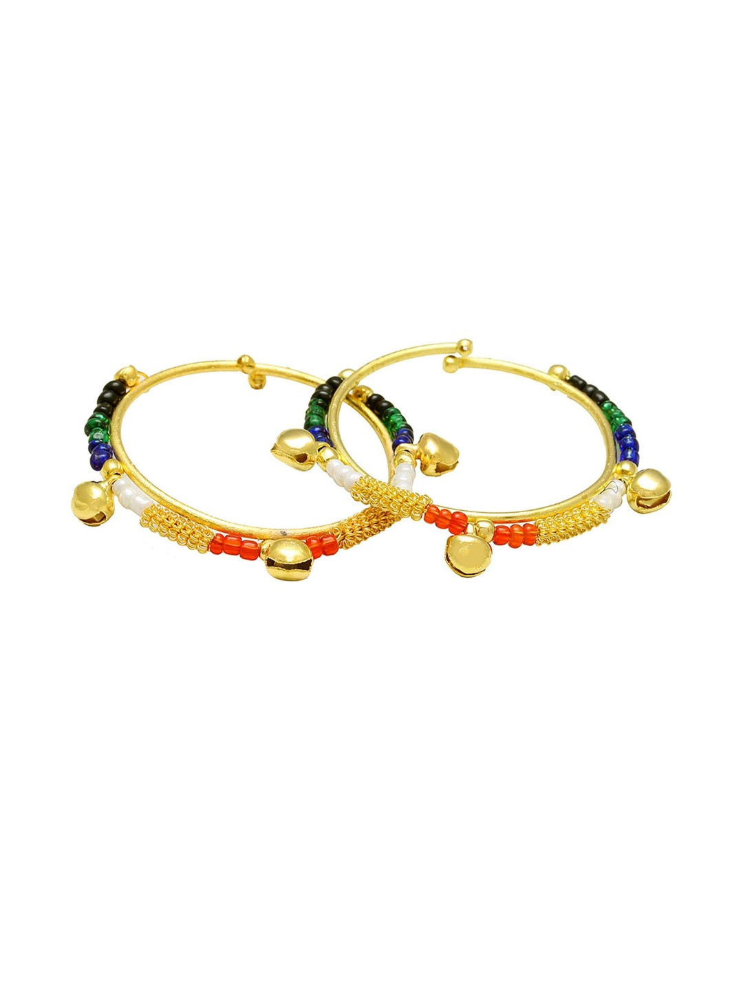 Missmister Unisex Set Of 2 Red & Golden Beaded Ghungroo Brass Silver-Plated Kada Bracelets