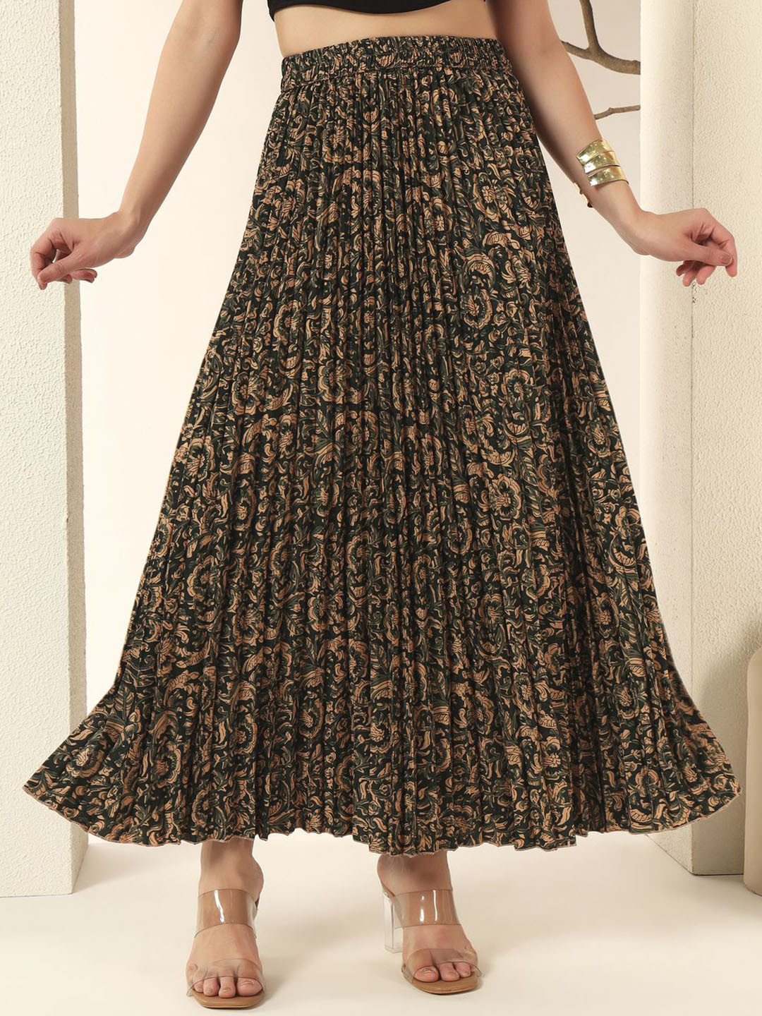 ZWERLON Floral-All Over Pattern Stretchable Waist-Designed Full-Length Pleated Skirt