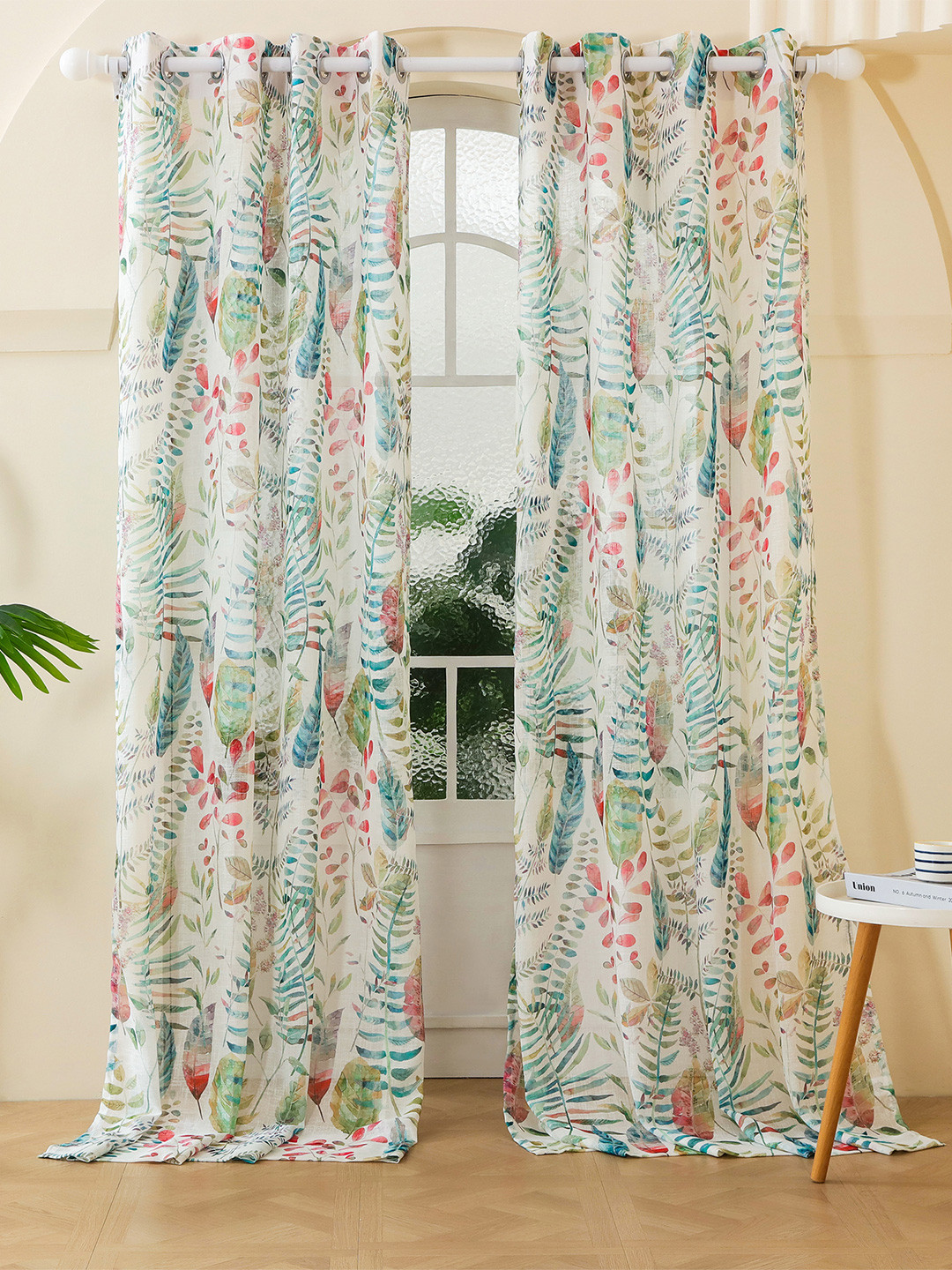 Story@home Aurum White & Green 2 Pieces Floral Printed Sheer Long Door Curtains
