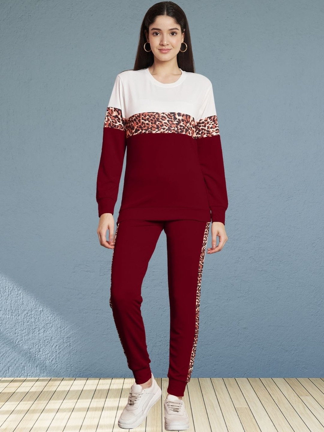 Moda Rapido Women Maroon Cotton Lycra Blend Animal Print Taped Tracksuit