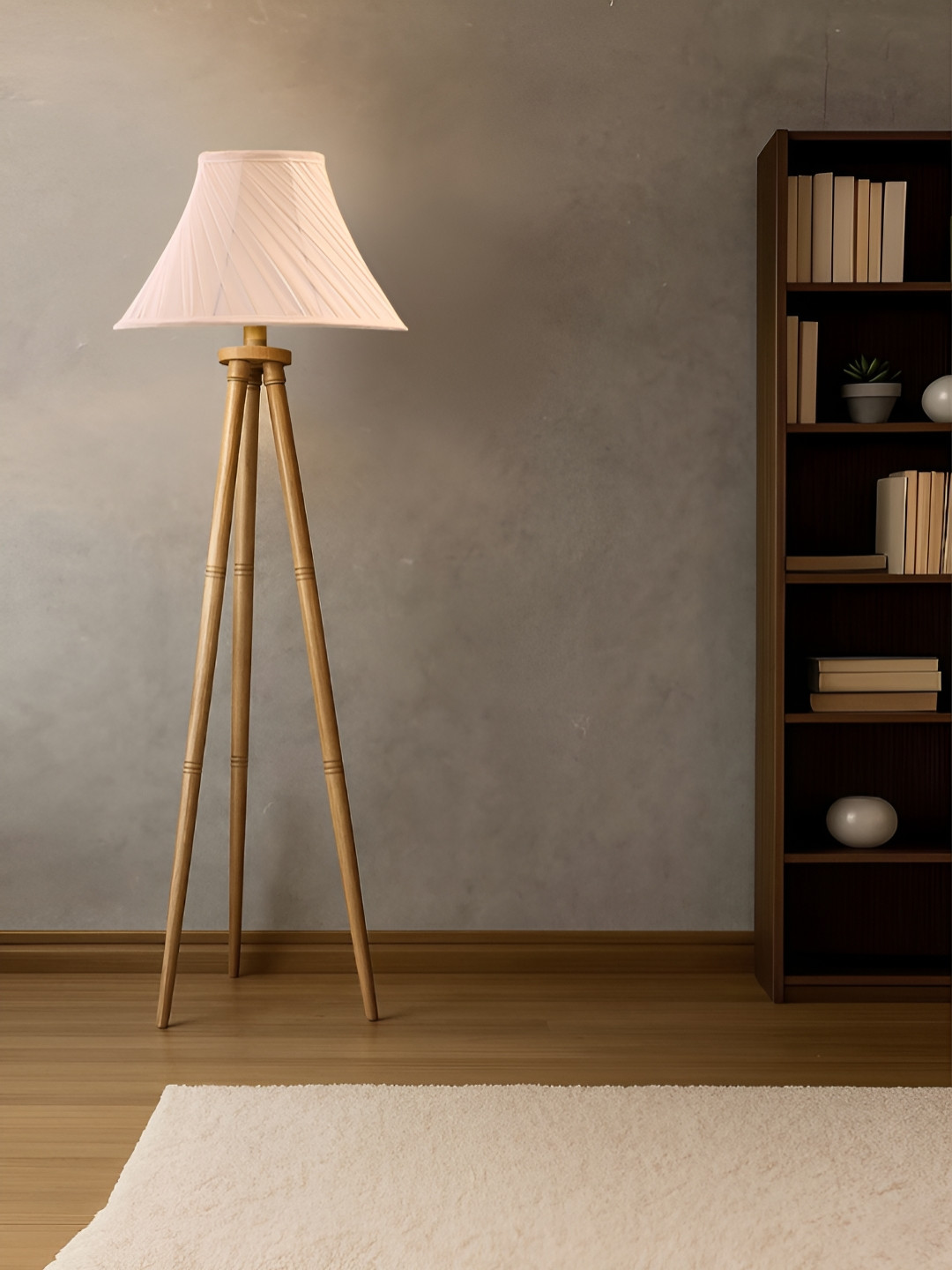 Devansh Off White & Brown Cross Pleated Wooden & Cotton Frustum Shaped Floor Lamp