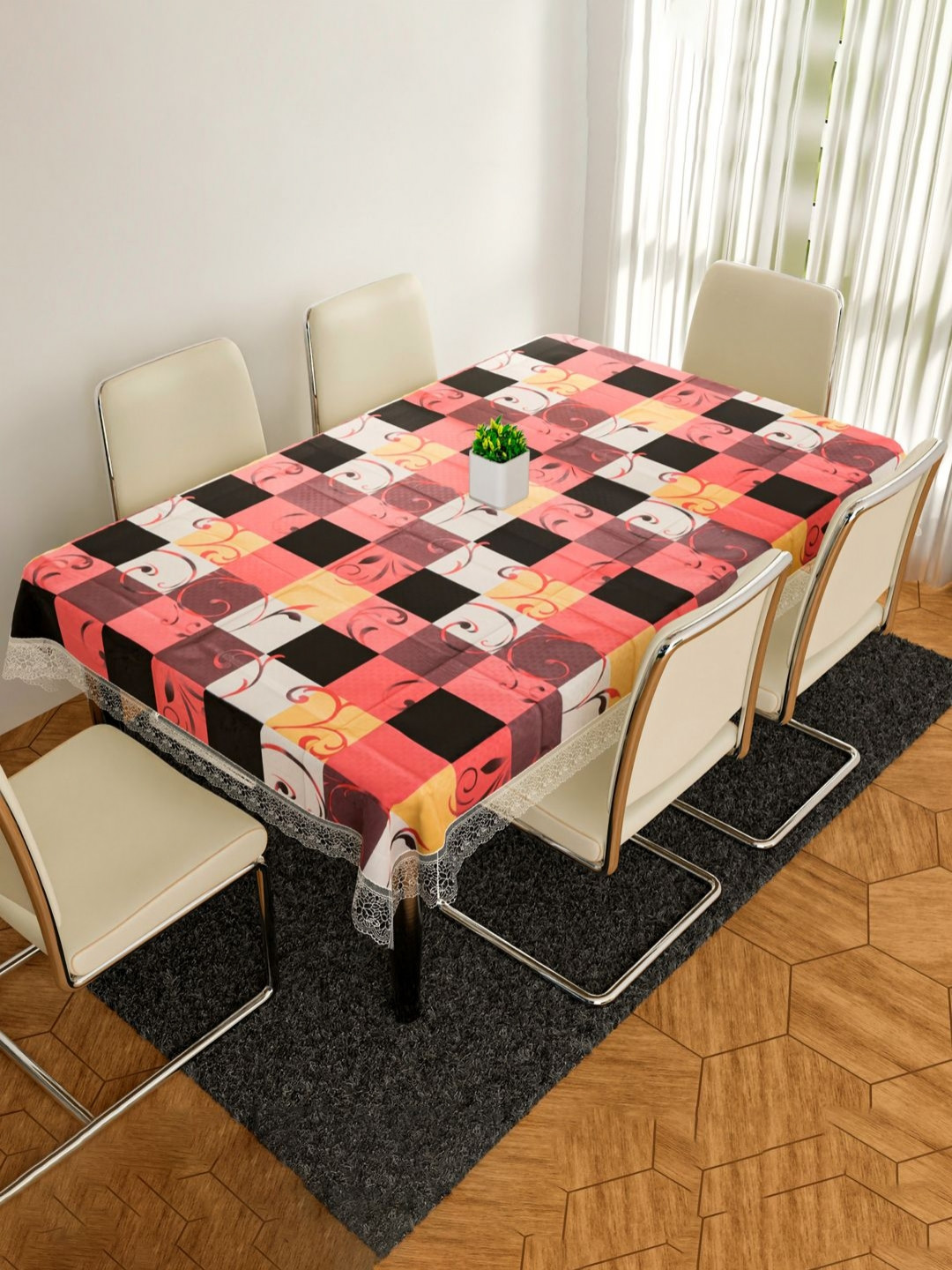 Aura Peach Check Print Anti-Skid Rectangle 6-Seater Table Cover