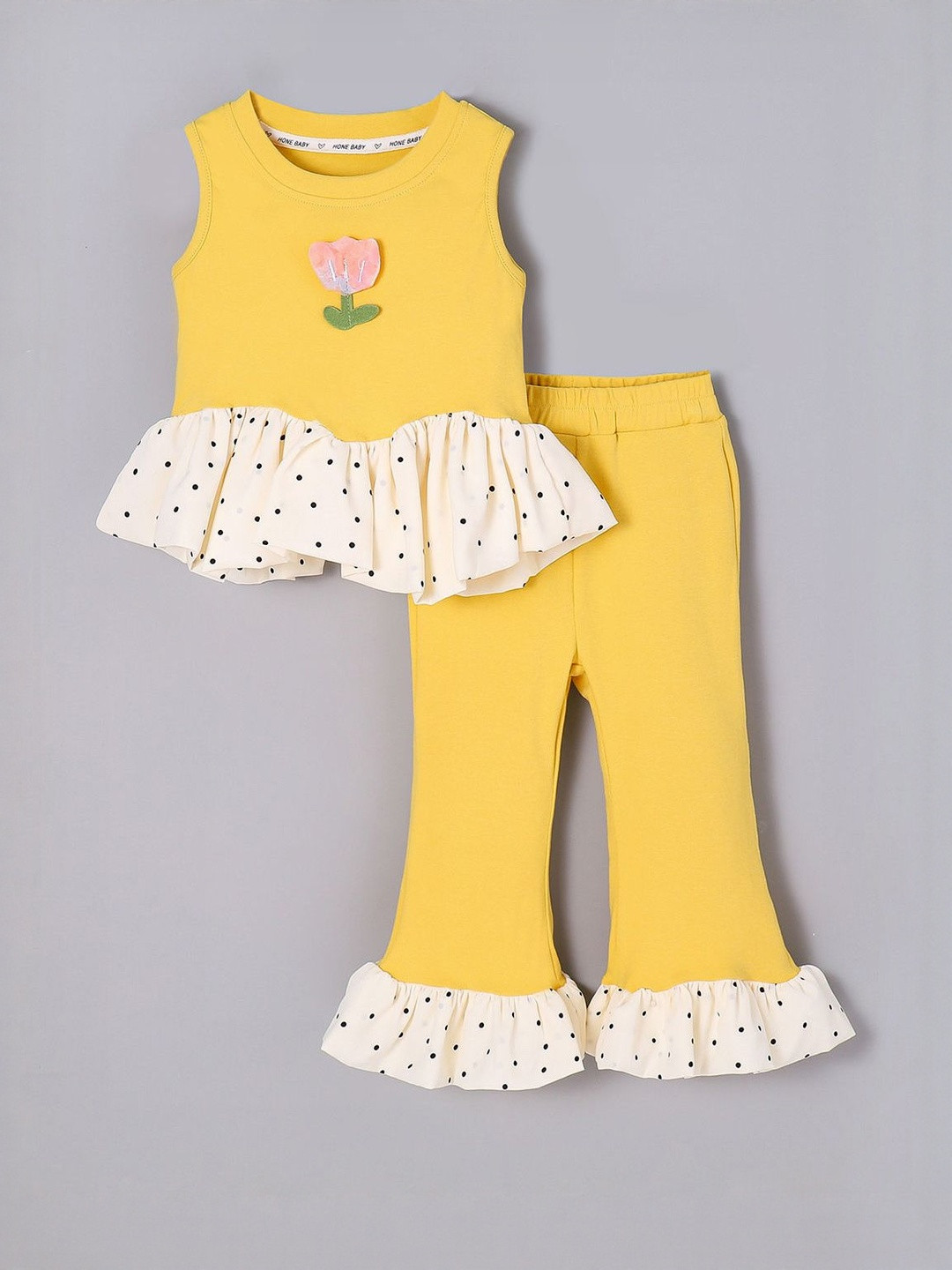 Hopscotch Girls 2 Pcs Yellow & Cream Polka Dot Polyester Ruffle Hem Top & Trouser