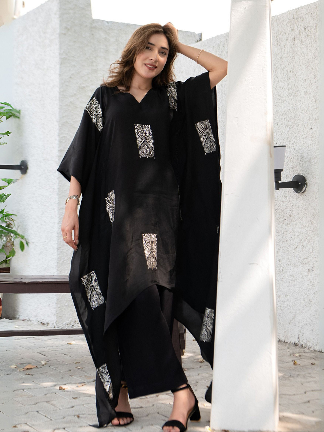 OCTOBER Twilight Bloom Silver Habutai Silk Kaftan