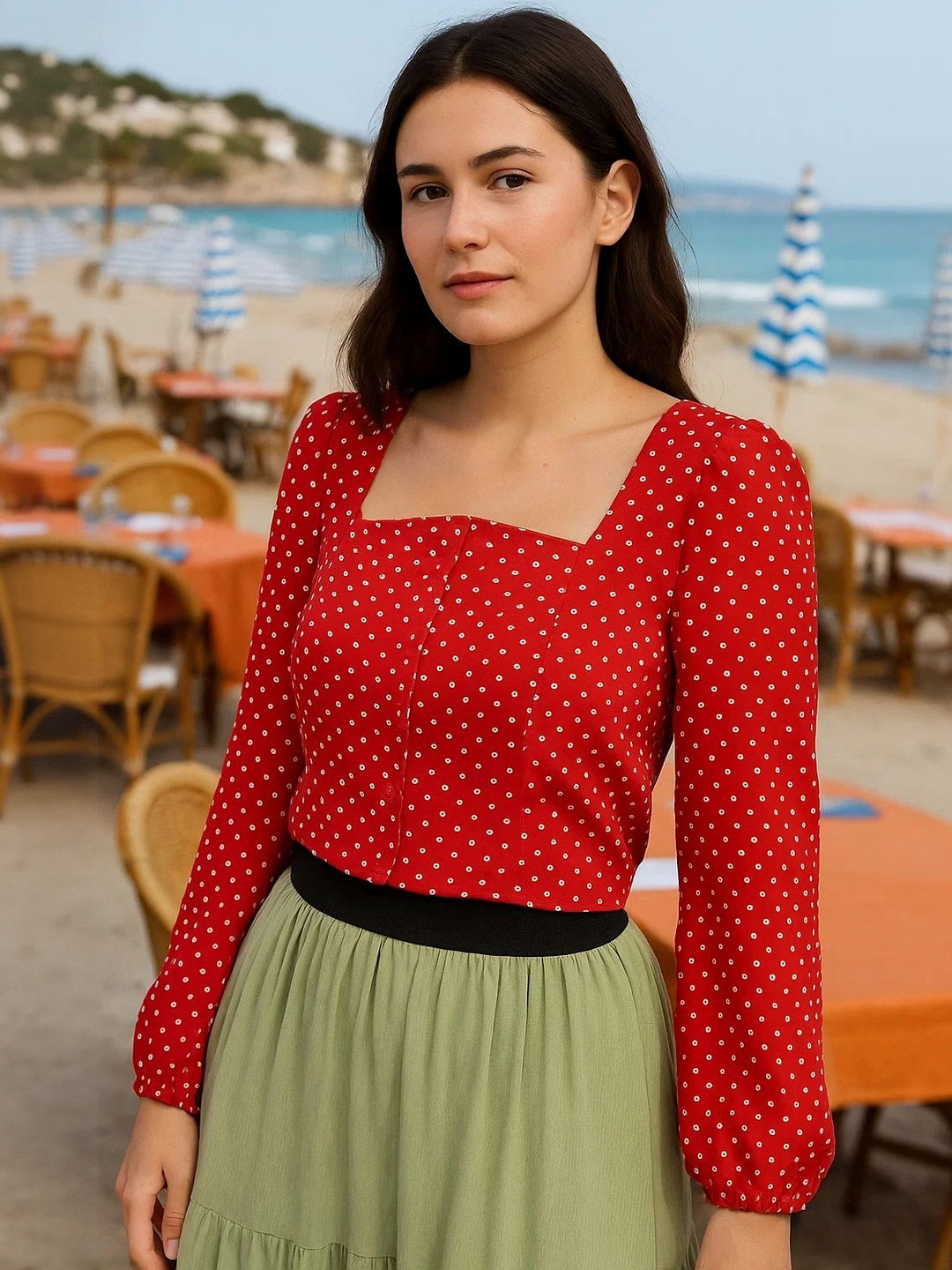 Moda Rapido Women Red Polka Dot Print Sweetheart Neck Crepe Top